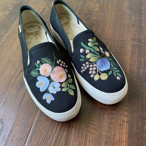 Rifle Paper Co. X Keds Floral Beaded Platform Slip On Black Sneakers SZ 6 - Picture 1 of 15